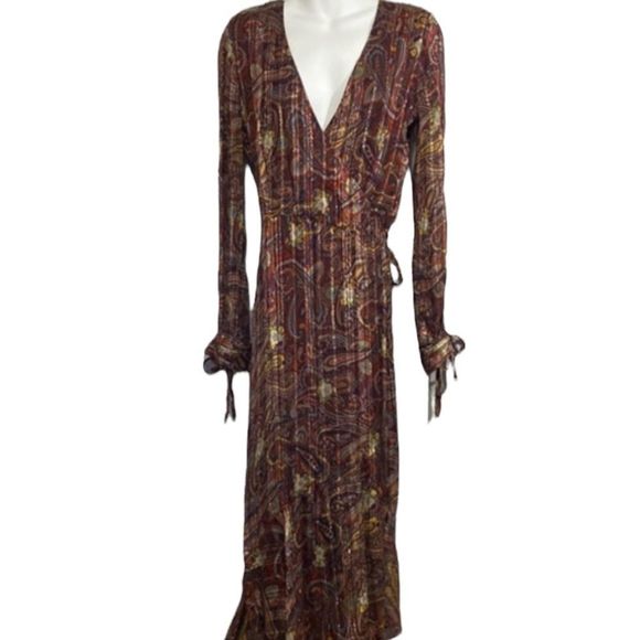 Anthropologie Love Sam Moroccan Paisley Wrap Dress V Neck Long Sleeve Size Small - Picture 3 of 15